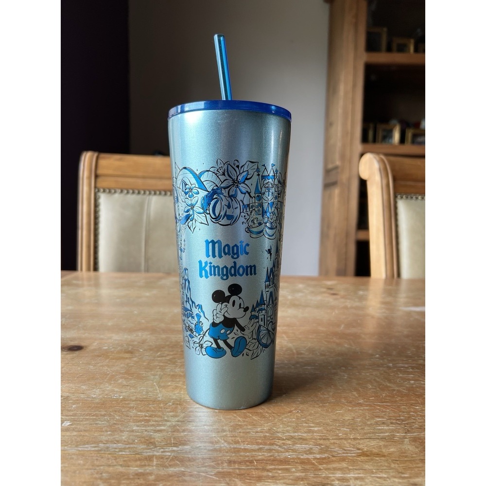 Disney Parks Magic Kingdom Icons Starbucks Blue Metal Tumbler 24oz – New